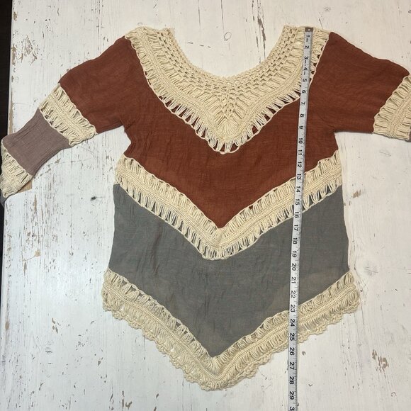 Crochet Tunic Top Shirt Sz M 100% Cotton Boho Color Block Long Slv Flowy Western - Picture 10 of 14